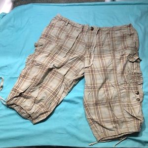 #21 green, brown, blue striped capris